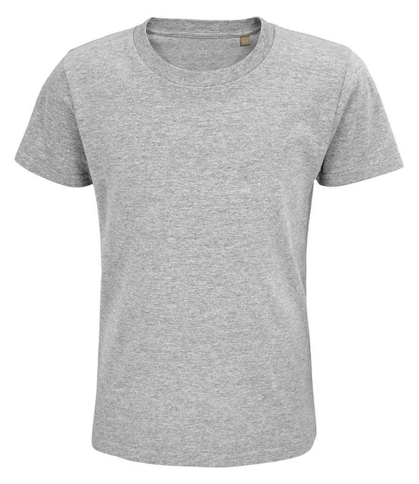 The SOLS Kids Pioneer Organic T-Shirt by SOLS is a plain gray, short-sleeved, crew-neck tee with a ribbed collar and neat twin needle stitching, shown on a white background.