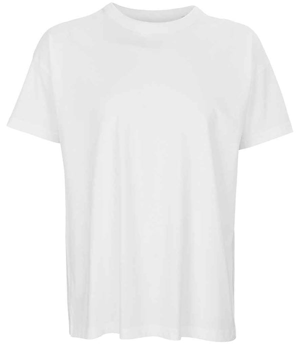 The SOLS Ladies Boxy Oversized Organic T-Shirt by SOLS is shown against a white background. It features short sleeves, a crew neckline, a ribbed collar, and a classic plain white design with no visible logos or embellishments.