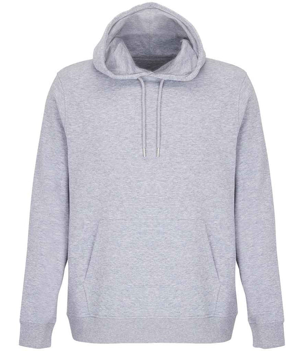 The SOLS Unisex Constellation Hoodie, made from organic cotton in plain light gray, features a jersey-lined hood, front pocket, and drawstrings. Displayed against a white background.
