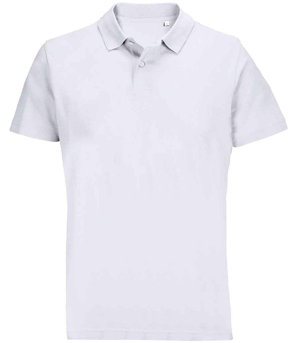 The SOLS Unisex Pulse Twin Piqué Polo Shirt features a plain white design with short sleeves, a ribbed collar, and two-button placket, shown against a white background.
