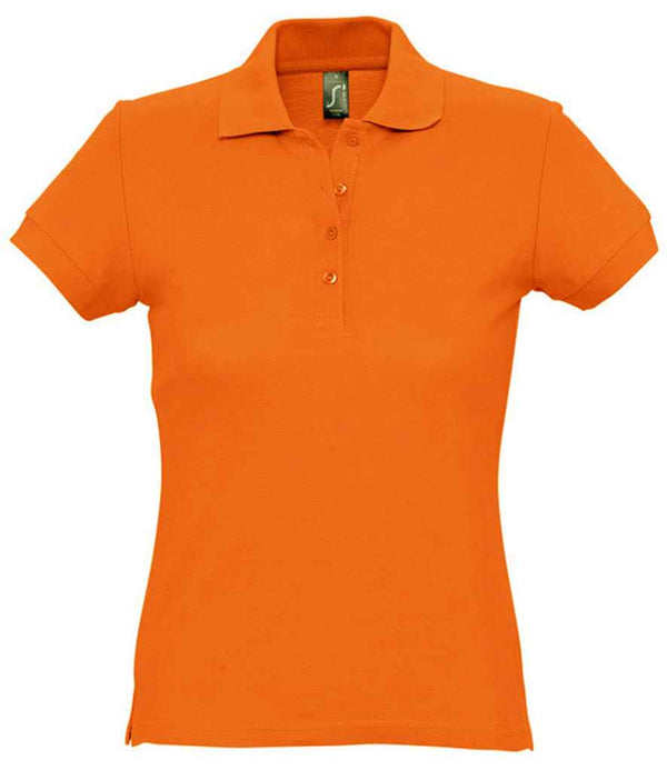 The SOLS Ladies Passion Cotton Piqué Polo Shirt, orange with short sleeves, a ribbed knit collar, and button-up placket, is shown on a plain white background.