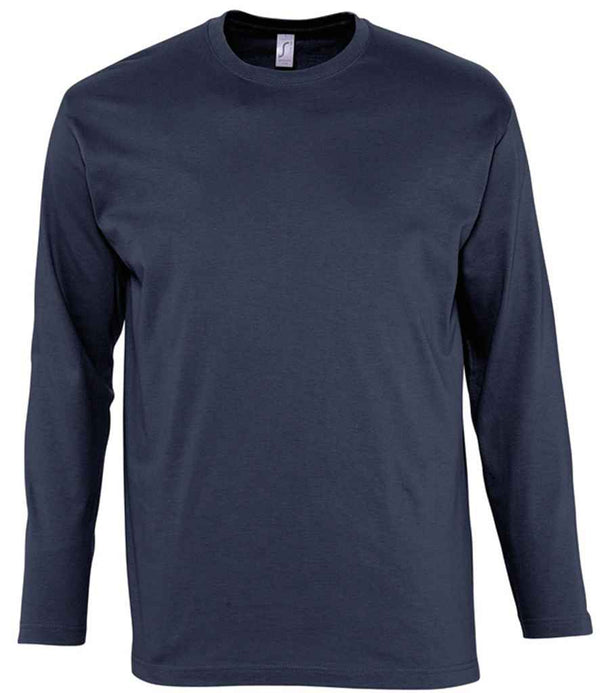 The SOLS Monarch Long Sleeve T-Shirt by SOLS is shown unworn, facing forward against a white background. This dark navy blue crew neck tee features a ribbed collar, hemmed sleeves, and a tubular body.