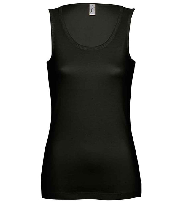 The SOLS Ladies Jane Tank Top is shown on a white background. This black sleeveless top features a ribbed bound neckline, twin needle hem, smooth slightly fitted fabric, and a small tag at the back of the neck. Brand: SOLS.