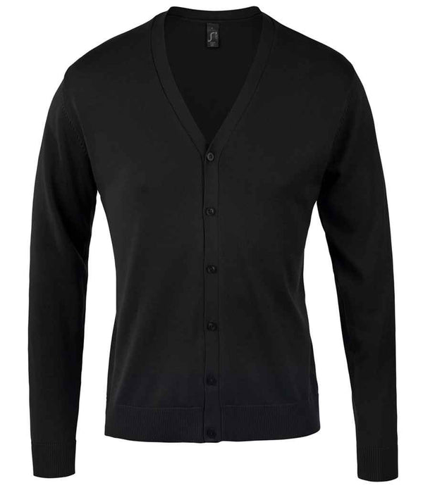 The SOLS Golden Cotton Acrylic V Neck Cardigan by SOLS is a plain black long-sleeve cardigan with set-in sleeves, a V-neck, and a button-down front with matching buttons, shown laid flat on a white background.