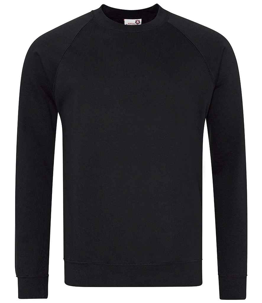 The AWDis Academy Senior Raglan Sweatshirt by AWDis Academy is shown on a white background. This plain black, long-sleeve crew neck has a classic fit with ribbed collar, cuffs, and hem, crafted from soft cotton for a simple, timeless look.