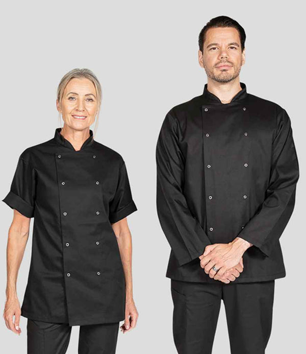 Two people in Dennys Short Sleeve Chefs Jackets with Mandarin collars and unisex design stand side by side against a light gray background. One wears short sleeves, the other long, both with neutral expressions.