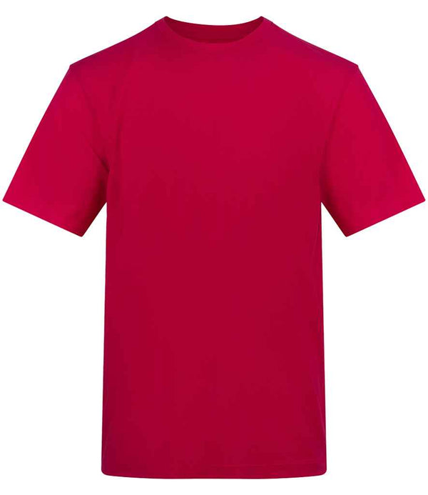 The AWDis Unisex 150 T-Shirt by AWDis, featuring a solid red color, short sleeves, crew neck, and PurePrint fabric, is displayed against a white background.