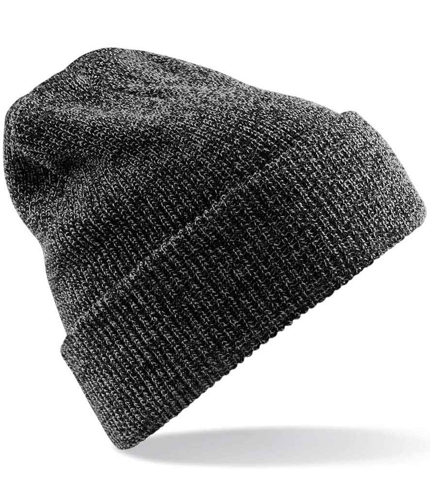 The Beechfield Heritage Beanie by Beechfield, featuring a dark gray vintage style and double layer knit with a cuffed design, is shown against a white background.