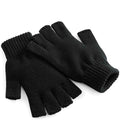 A pair of black Beechfield Fingerless Gloves, crafted from acrylic knit with ribbed cuffs, are shown laid flat on a white background.