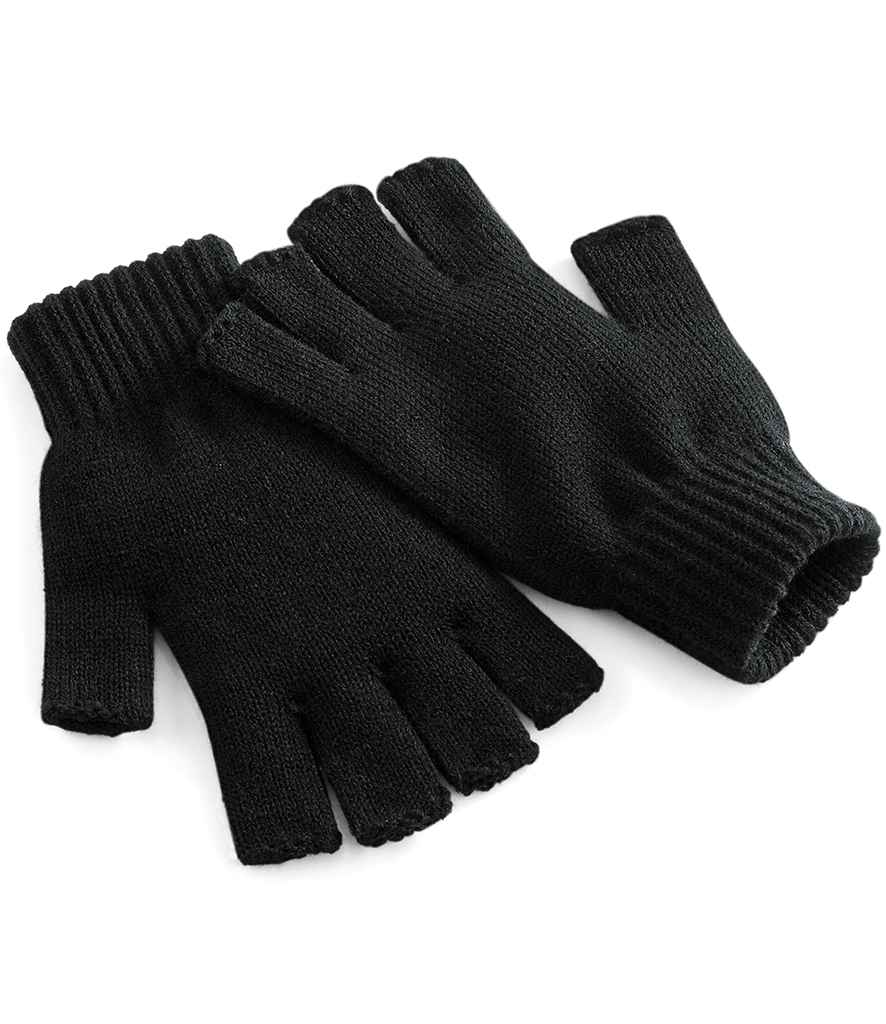 A pair of black Beechfield Fingerless Gloves, crafted from acrylic knit with ribbed cuffs, are shown laid flat on a white background.