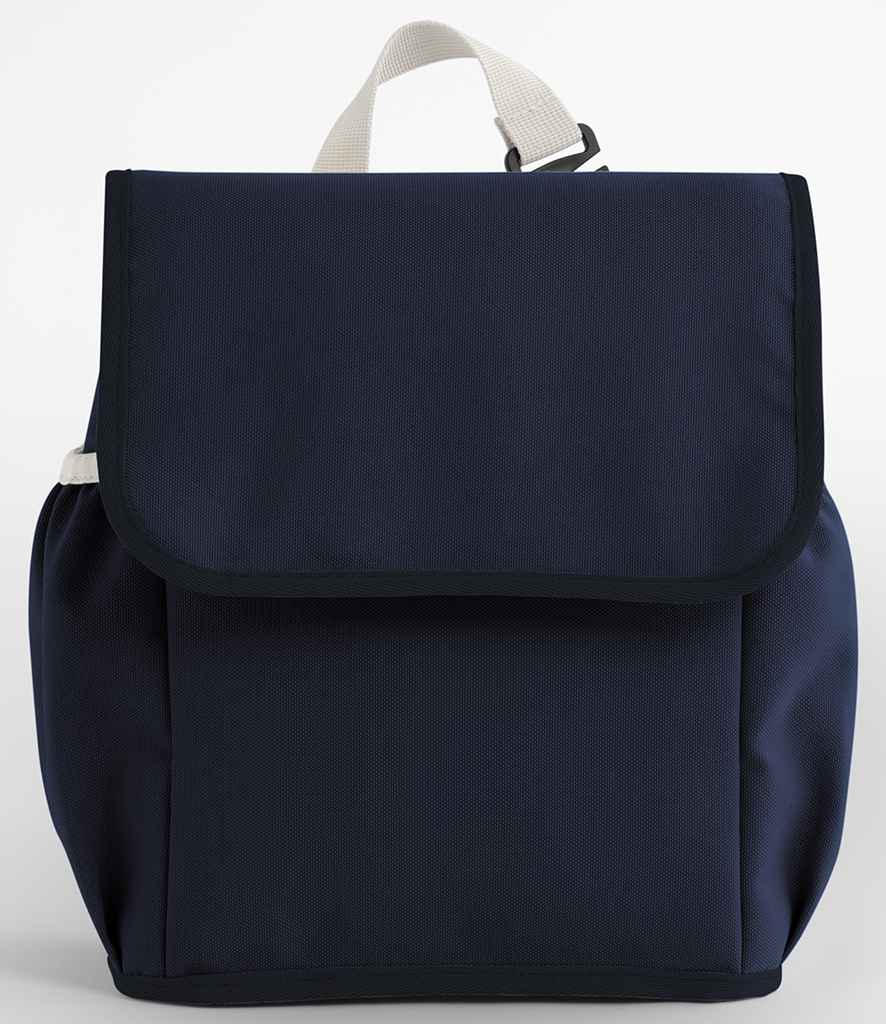 The BagBase Kids Adventure Cooler Bag by BagBase is a navy blue backpack with a large front flap, white top handle, side pockets, and a BPA free PEVA lining, shown against a plain white background.