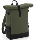 The BagBase Block Roll-Top Backpack by BagBase is a green and black recycled polyester bag with side pockets, adjustable straps, top handle, front buckle closure, and padded laptop compartment. It stands upright on a plain background.