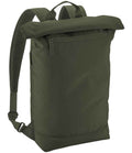 The BagBase Simplicity Roll-Top Backpack Lite is a dark green, water repellent backpack with adjustable straps, top handle, front zip pocket, durable fabric, minimalist design, and a padded laptop compartment for everyday use.
