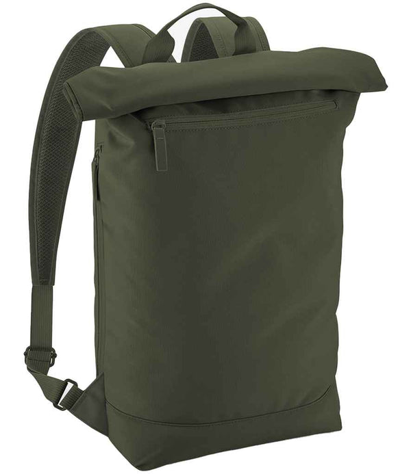 The BagBase Simplicity Roll-Top Backpack Lite is a dark green, water repellent backpack with adjustable straps, top handle, front zip pocket, durable fabric, minimalist design, and a padded laptop compartment for everyday use.