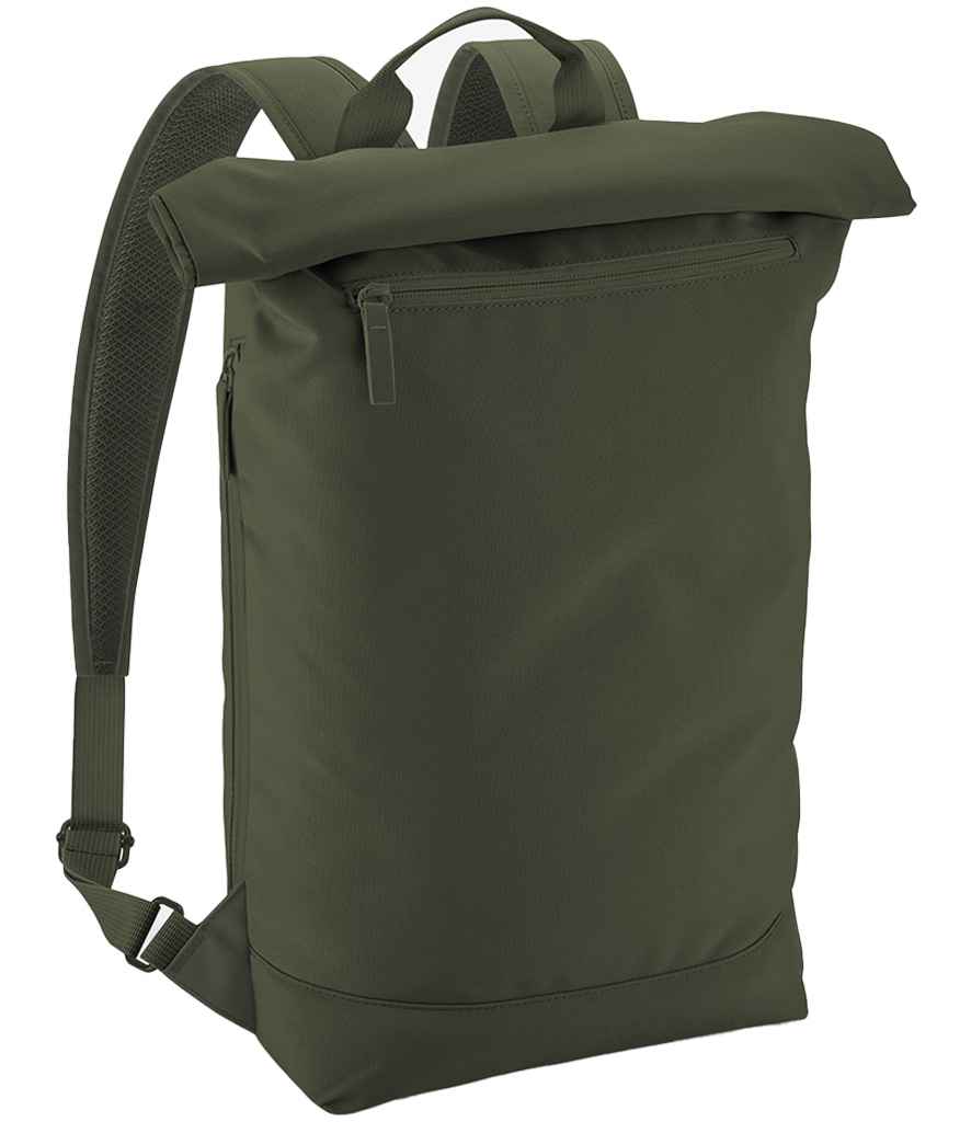 The BagBase Simplicity Roll-Top Backpack Lite is a dark green, water repellent backpack with adjustable straps, top handle, front zip pocket, durable fabric, minimalist design, and a padded laptop compartment for everyday use.