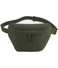 The BagBase Simplicity Waistpack by BagBase is a dark green, minimalist fanny pack made from water-repellent fabric, featuring a zippered main compartment and adjustable buckle strap. Shown on a white background.