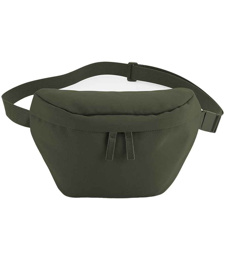 The BagBase Simplicity Waistpack by BagBase is a dark green, minimalist fanny pack made from water-repellent fabric, featuring a zippered main compartment and adjustable buckle strap. Shown on a white background.