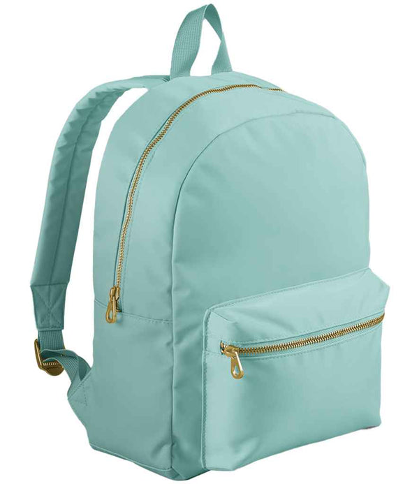 The BagBase Sundae Mini Backpack by BagBase features a light blue 10L design with gold zippers, front pocket, padded shoulder straps, and eco-friendly recycled polyester lining. It is shown standing upright against a white background.