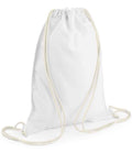 The BagBase Sublimation Gymsac by BagBase is a plain white drawstring bag made from recycled polyester, featuring thin white cords looped at the base. Shown upright on a white background, it’s sublimation friendly and ideal for custom designs.