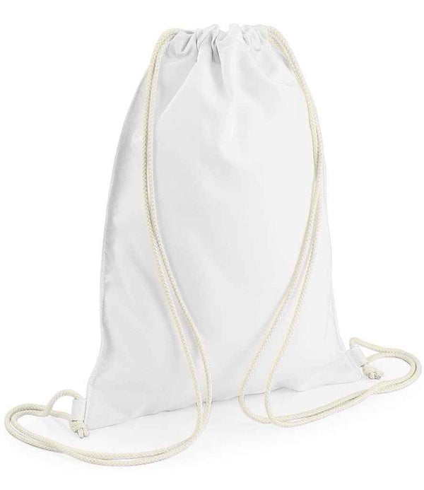 The BagBase Sublimation Gymsac by BagBase is a plain white drawstring bag made from recycled polyester, featuring thin white cords looped at the base. Shown upright on a white background, it’s sublimation friendly and ideal for custom designs.