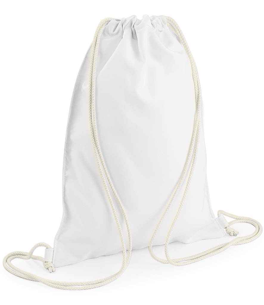 The BagBase Sublimation Gymsac by BagBase is a plain white drawstring bag made from recycled polyester, featuring thin white cords looped at the base. Shown upright on a white background, it’s sublimation friendly and ideal for custom designs.