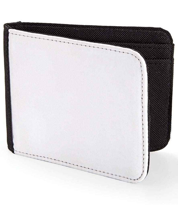 The BagBase Sublimation Wallet by BagBase is a closed bi-fold wallet made from recycled polyester, with a black fabric border and white front panel, displayed upright on a plain white background.