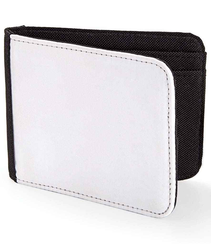 The BagBase Sublimation Wallet by BagBase is a closed bi-fold wallet made from recycled polyester, with a black fabric border and white front panel, displayed upright on a plain white background.