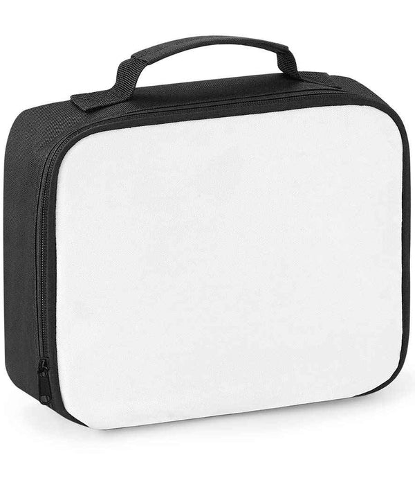 The BagBase Sublimation Lunch Cooler Bag features black sides, a handle, and a black zipper. Its plain white front panel is ideal for customization, and the fully insulated design keeps food fresh. The bag stands upright on a white background.