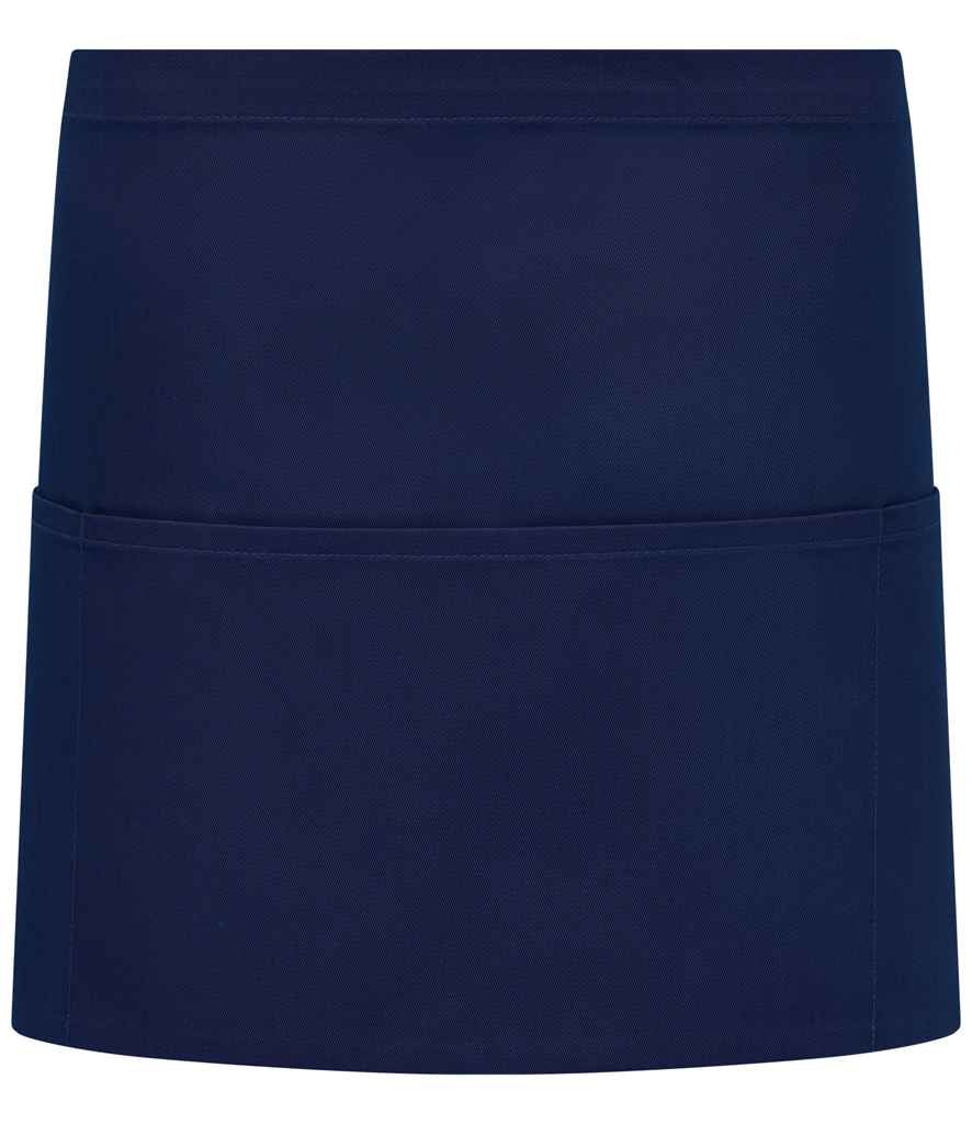 The Brand Lab Organic/Recycled Waist Pocket Apron is a plain, dark blue chef apron with three front pockets, made from easy-care fabric by Brand Lab and shown against a white background.