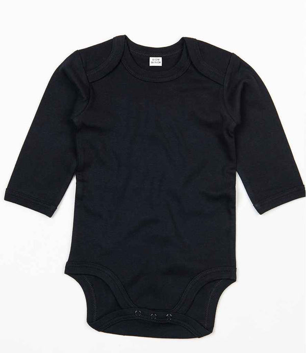 The BabyBugz Baby Long Sleeve Bodysuit by Babybugz is a plain black, organic cotton, long-sleeved onesie with a round neck and three popper closures at the crotch, shown flat on a white background.