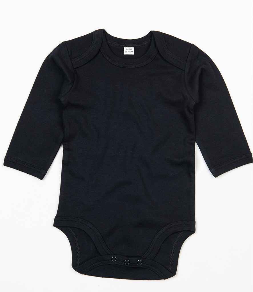 The BabyBugz Baby Long Sleeve Bodysuit by Babybugz is a plain black, organic cotton, long-sleeved onesie with a round neck and three popper closures at the crotch, shown flat on a white background.