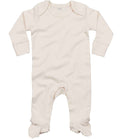 The Babybugz Baby Sleepsuit with Scratch Mitts by Babybugz is a cream, long-sleeved organic cotton sleepsuit with snap buttons, integrated feet, wrist and ankle cuffs, displayed flat on a white background.