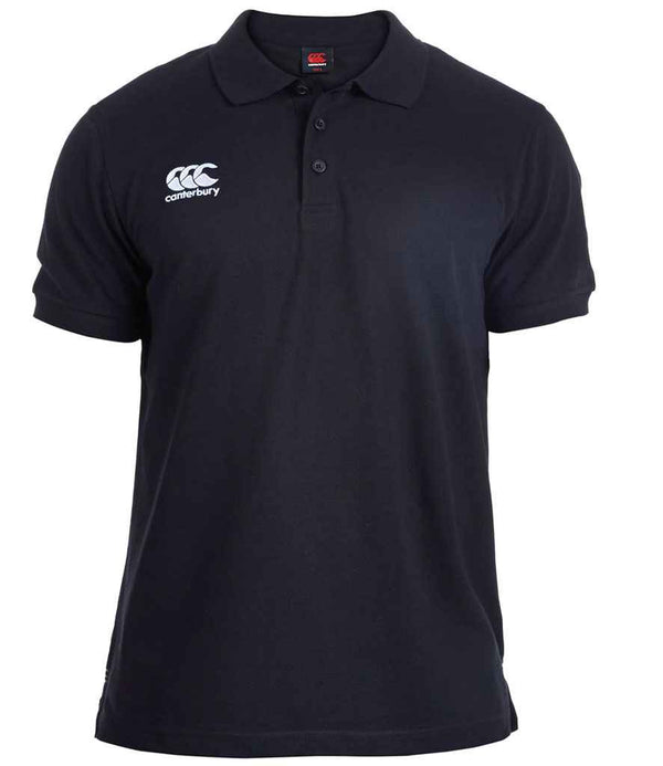 The Canterbury Waimak Piqué Polo Shirt is a plain black short-sleeve polo with a ribbed collar, three-button placket, and the Canterbury logo in white on the left chest and inside the collar.