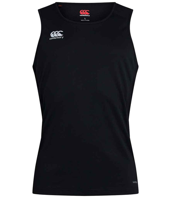 The Canterbury Club Dry Singlet is a black sleeveless athletic shirt with white Canterbury logos on the left chest and upper back. This fitted tank top features Vapodri wicking technology for comfort, shown on a plain white background.