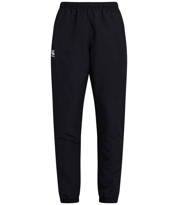 The Canterbury Club Track Pants by Canterbury are black athletic pants featuring an elastic waistband, ankle cuffs, zip pockets, and a small white logo on the left thigh. These tapered-fit pants are shown against a white background.