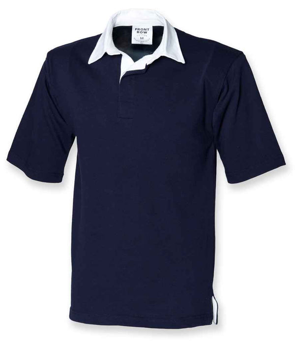 The Front Row Short Sleeve Rugby Shirt by Front Row is a navy blue heavyweight shirt with short sleeves, a traditional collar, and a front button placket, displayed against a white background.