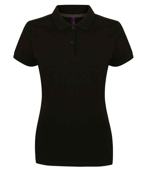 The Henbury Ladies Modern Fit Cotton Piqué Polo Shirt by Henbury is shown on a white background, featuring a modern fit, short point collar, two buttons, and cuffed sleeves in plain black.