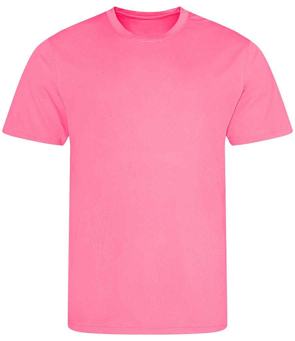The AWDis Kids Cool T-Shirt by Just Cool is a short-sleeved, crew neck top in solid bright pink, made from recycled polyester with Neoteric textured fabric for comfort, shown against a white background.