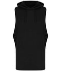 The AWDis Cool Urban Sleeveless Muscle Hoodie by Just Cool, in black lightweight French terry, features a drawstring hood and wide armholes with a minimalist design—ideal for comfort and style. Shown on a white background.