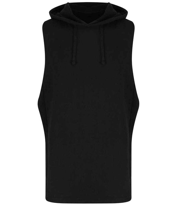 The AWDis Cool Urban Sleeveless Muscle Hoodie by Just Cool, in black lightweight French terry, features a drawstring hood and wide armholes with a minimalist design—ideal for comfort and style. Shown on a white background.