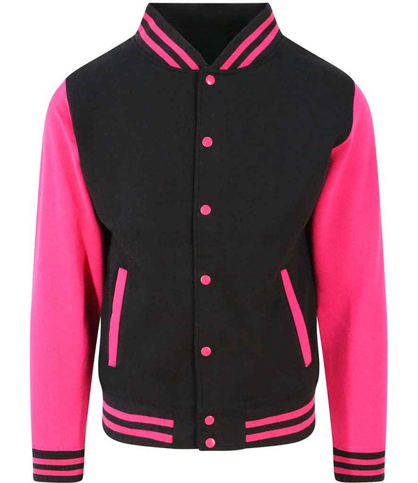 The Just Hoods AWDis Varsity Jacket features a black body, bright pink sleeves, pink striped accents on the collar, cuffs, pockets, and hem, a contrast stud closure, and is crafted from soft cotton faced fabric.
