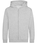 The Just Hoods AWDis Kids Zoodie is a light gray hoodie made from soft brushed back fleece with a cotton-faced fabric. It features a front zipper, two side pockets, long sleeves, and a hood. Shown on a plain white background.