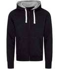 The Just Hoods AWDis Chunky Zoodie is a black zip-up hoodie with a fashion fit, double fabric hood, brushed back fleece, white drawstrings, and front pocket, shown on a plain white background.