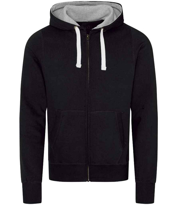The Just Hoods AWDis Chunky Zoodie is a black zip-up hoodie with a fashion fit, double fabric hood, brushed back fleece, white drawstrings, and front pocket, shown on a plain white background.