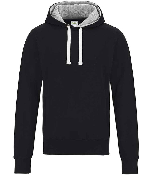 The Just Hoods AWDis Chunky Hoodie is a black, long-sleeve hoodie with a gray inner lining, white drawstrings, double fabric hood, and cotton faced fabric. It appears unworn and is shown on a plain white background.