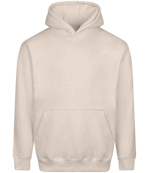 The Just Hoods AWDis Vision Heavyweight Hoodie in light beige features a relaxed fit, cotton-faced fabric with brushed back fleece, a front pocket, and long sleeves, shown against a white background.