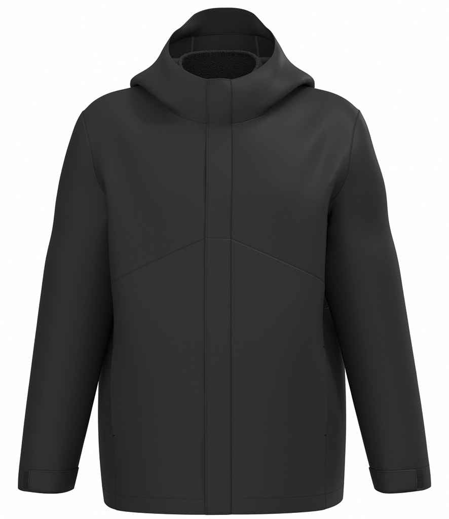 The Kariban Unisex 3-in-1 Two Tone Hooded Parka Jacket by Kariban is shown on a plain white background, featuring a black waterproof design with a front zipper concealed by a flap and a minimalist look without visible logos or patterns.