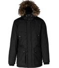 The Kariban Winter Parka Jacket by Kariban is a black parka with a padded hood, detachable faux fur trim, zip-up front, two snap chest pockets, two front flap pockets, shown on a plain white background.