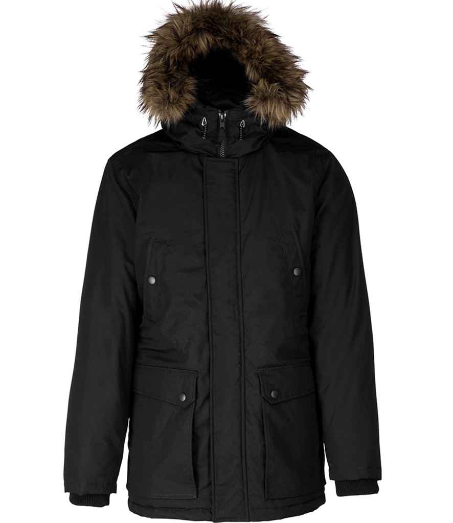 The Kariban Winter Parka Jacket by Kariban is a black parka with a padded hood, detachable faux fur trim, zip-up front, two snap chest pockets, two front flap pockets, shown on a plain white background.
