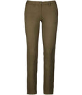 The Kariban Ladies Chino Trousers by Kariban are olive green, flat front, straight-leg pants with belt loops, a button and zip closure, and two front pockets, crafted from enzyme-washed fabric and shown against a white background.